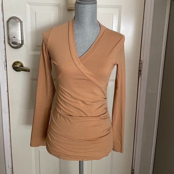 CAbi Long Sleeve Gold Cotton Blend V-Neck Tee, Size Small - Picture 2 of 6